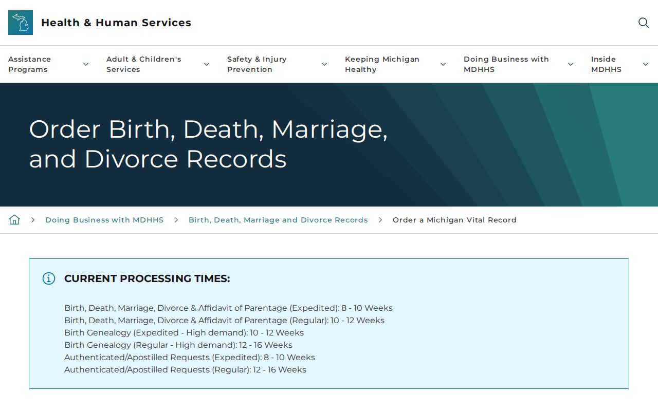 Farmington Hills residents directory Michigan vital-record ordering page