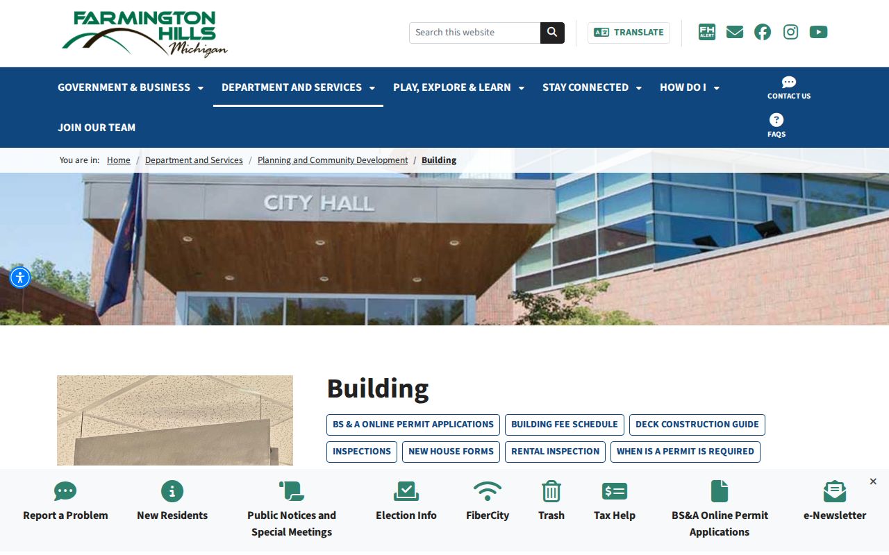 Farmington Hills street directory reference to the Building Department permit records